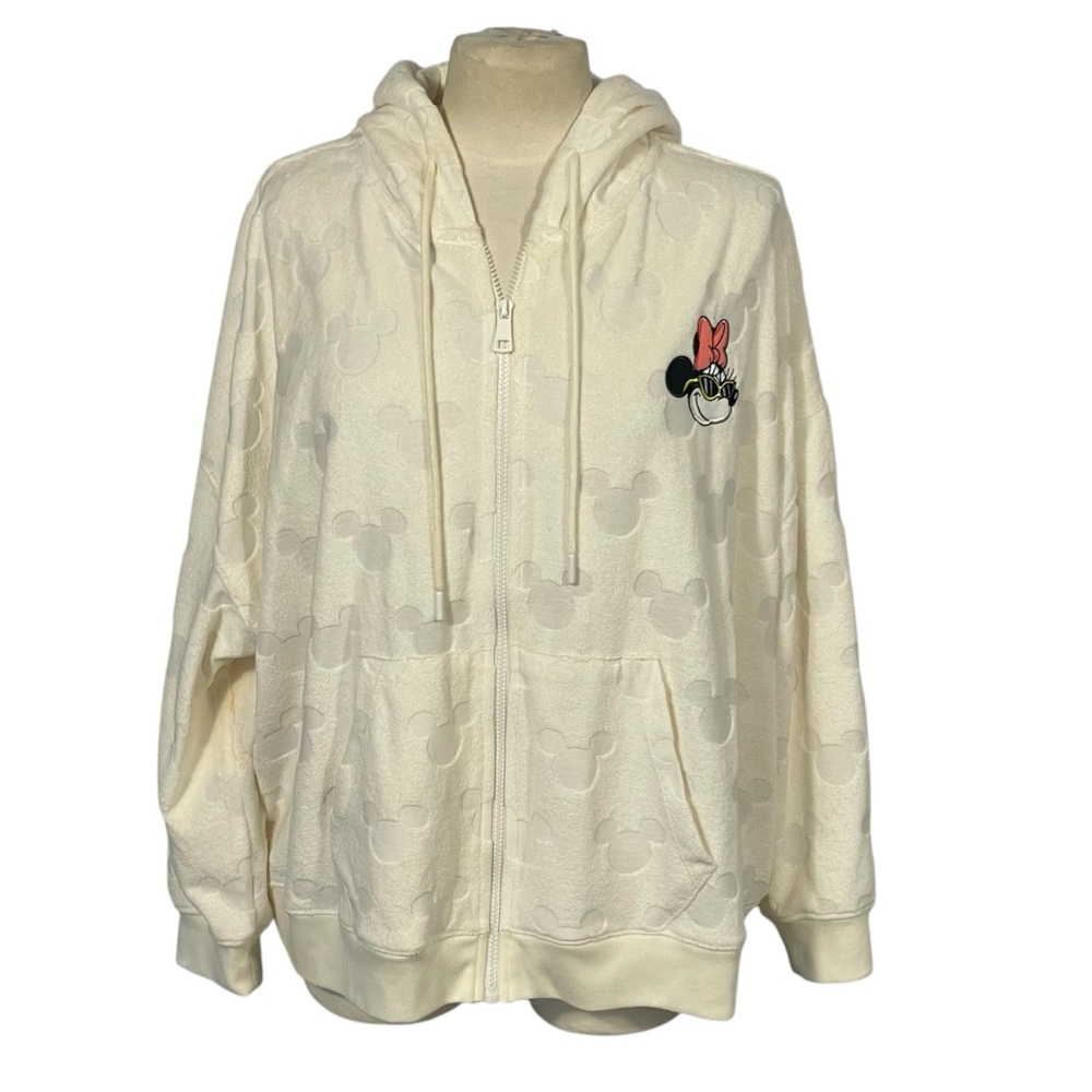 Disney Womens Ivory Minnie Mouse Embroidered Terry Zip Up Hoodie Jacket Sz 1X